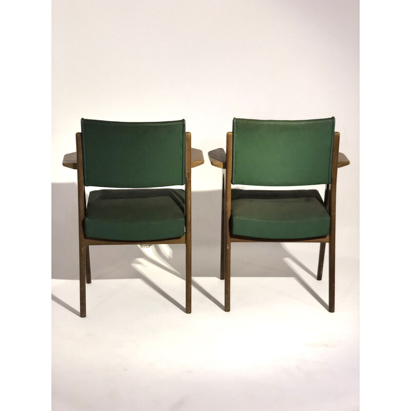 Pair of vintage armchairs in oak and skai 1950s