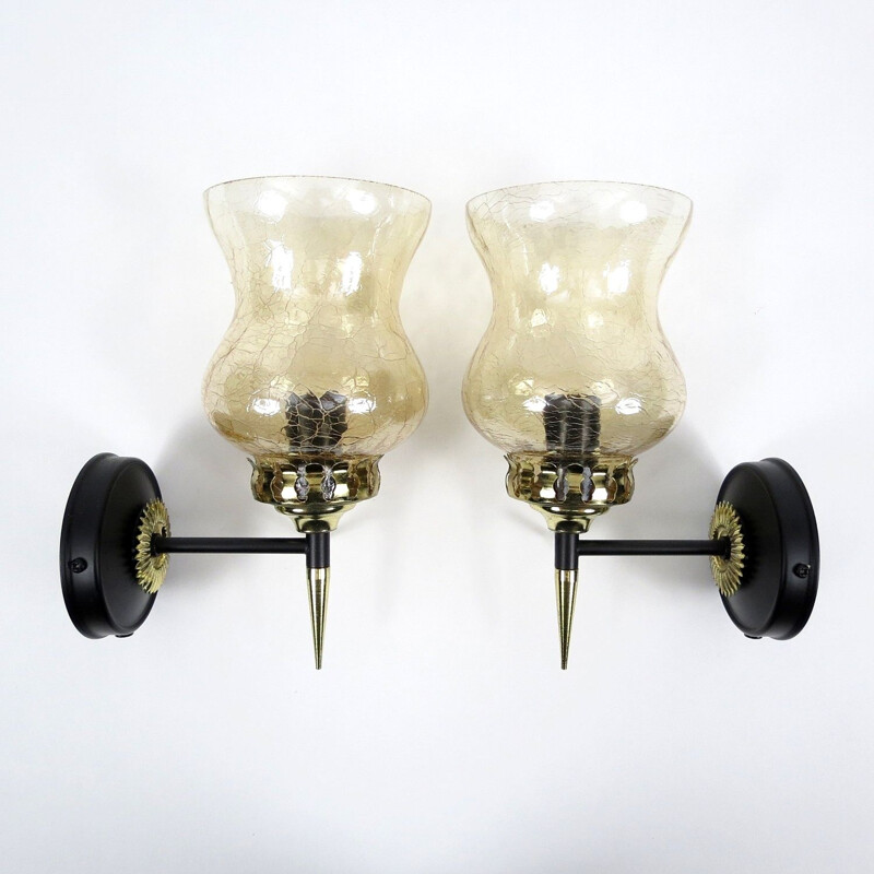 Pair of vintage wall sconces in brass and cracked glass, France 1950