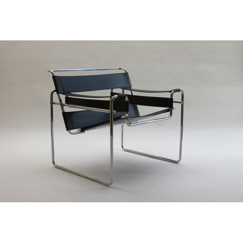 Vintage Wassily B3 Black Leather Chair Marcel Breuer A 1980s