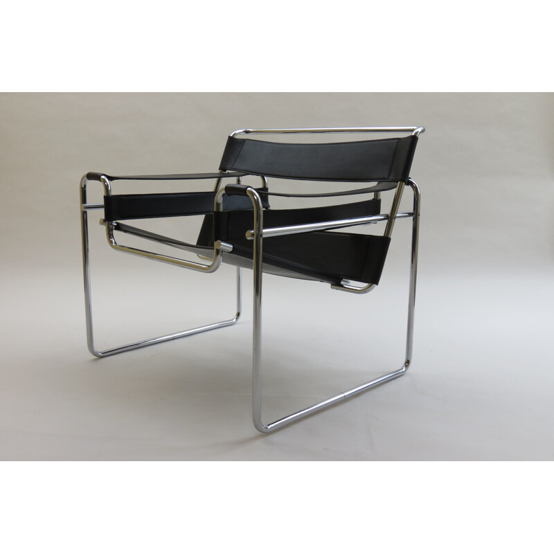 Vintage Wassily B3 Black Leather Chair Marcel Breuer B 1980s