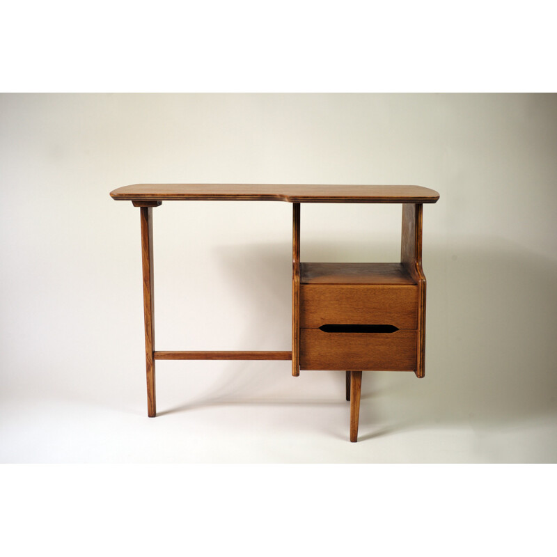 Bema tripod desk in plywood, natural oak and massif oak, Jacques HAUVILLE - 1960s