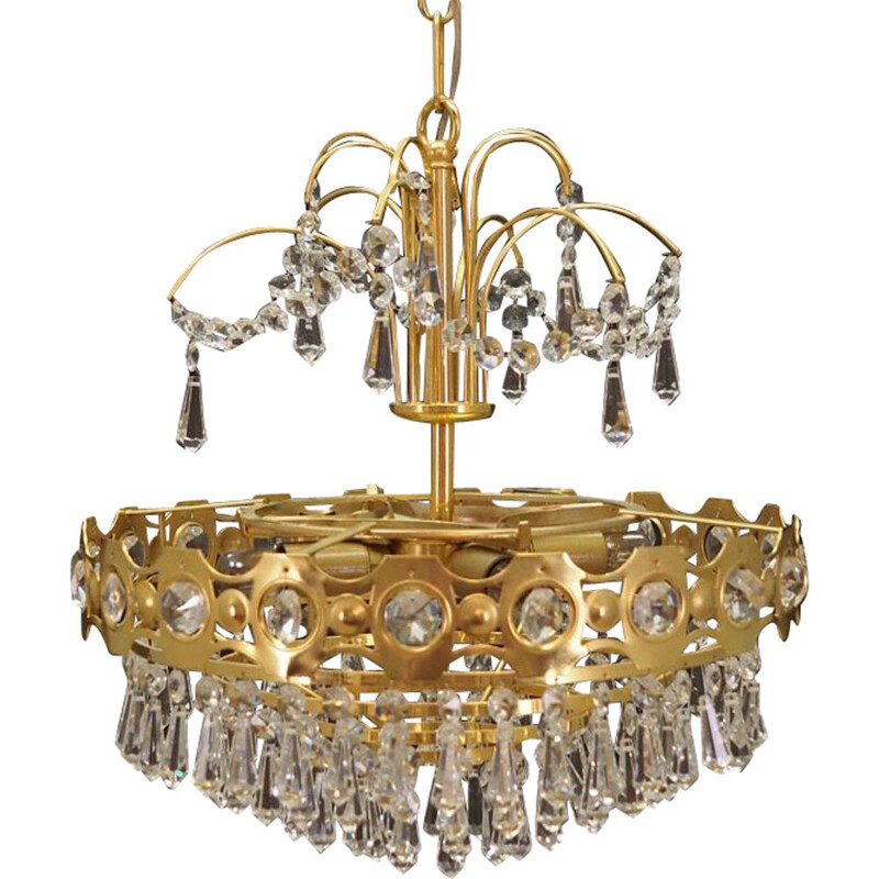 Vintage chandelier brass with decorative crystals Scandinavian 1970s