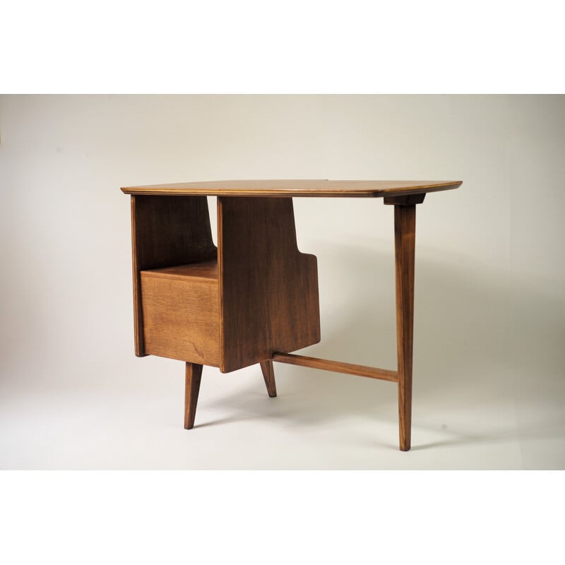 Bema tripod desk in plywood, natural oak and massif oak, Jacques HAUVILLE - 1960s