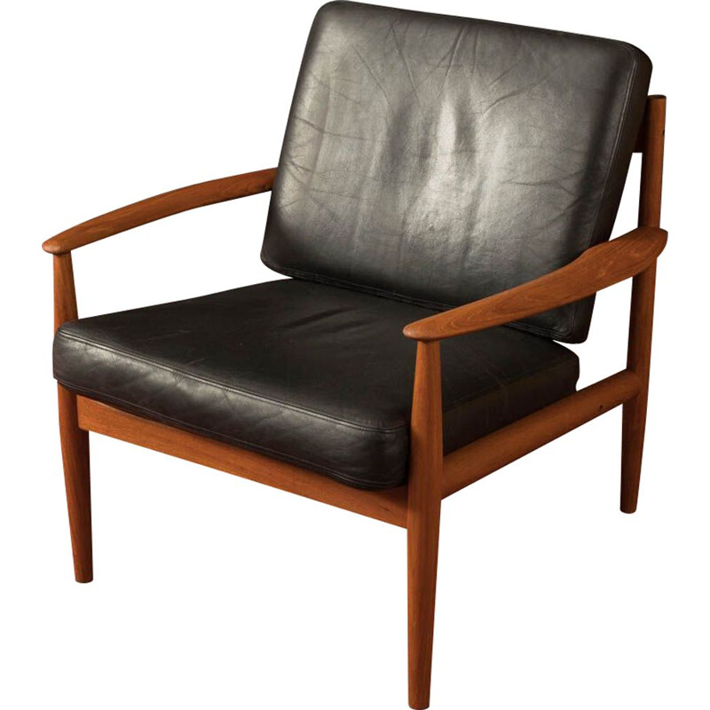 Vintage Armchair teak black leather by Grete Jalk for France & Søn 1960s