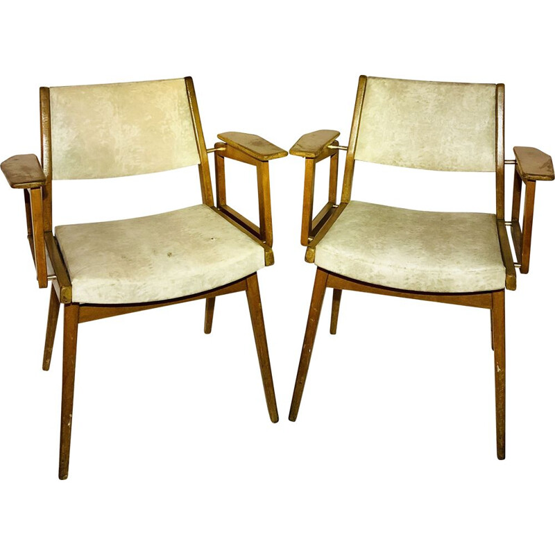 Pair of vintage armchairs in leatherette and wood Robert Debiève