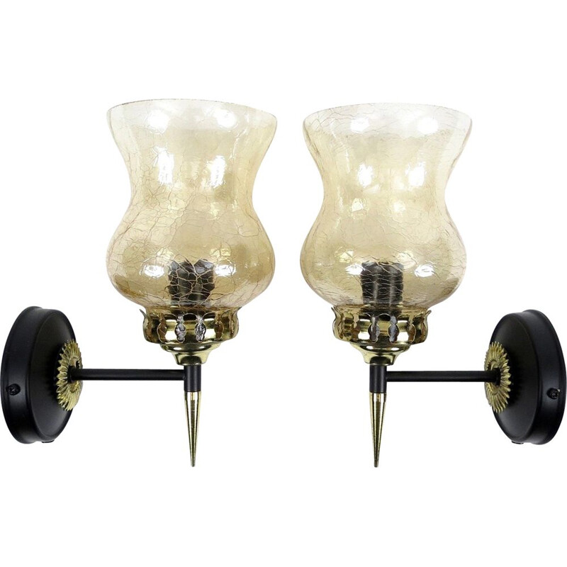 Pair of vintage wall sconces in brass and cracked glass, France 1950
