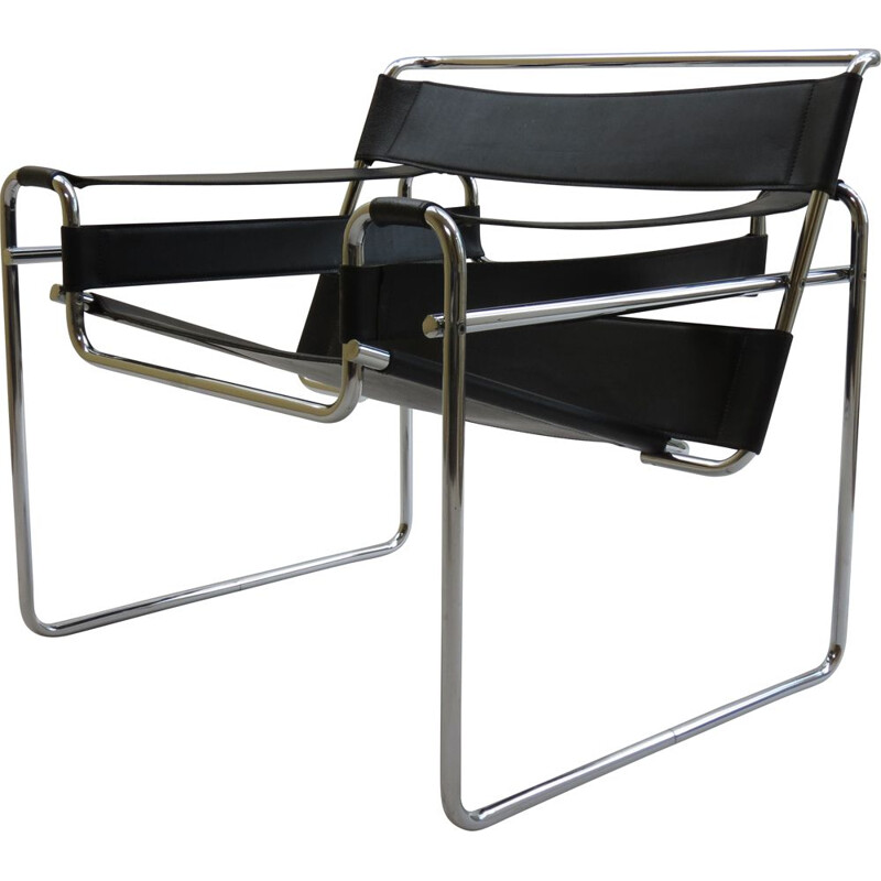 Vintage Wassily B3 Black Leather Chair Marcel Breuer B 1980s