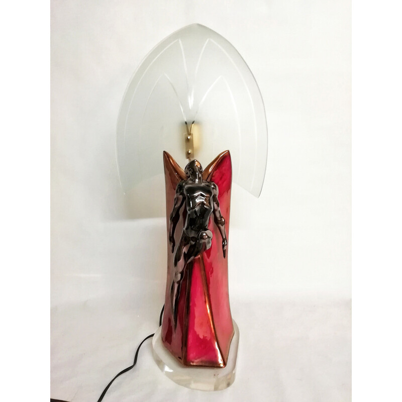Lámpara de mesa vintage de cerámica con pantalla de cristal