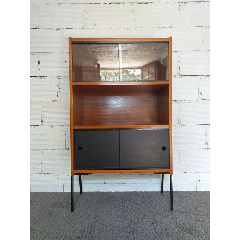 Vintage bookcase in mahogany on black lacquered metal base 1960 