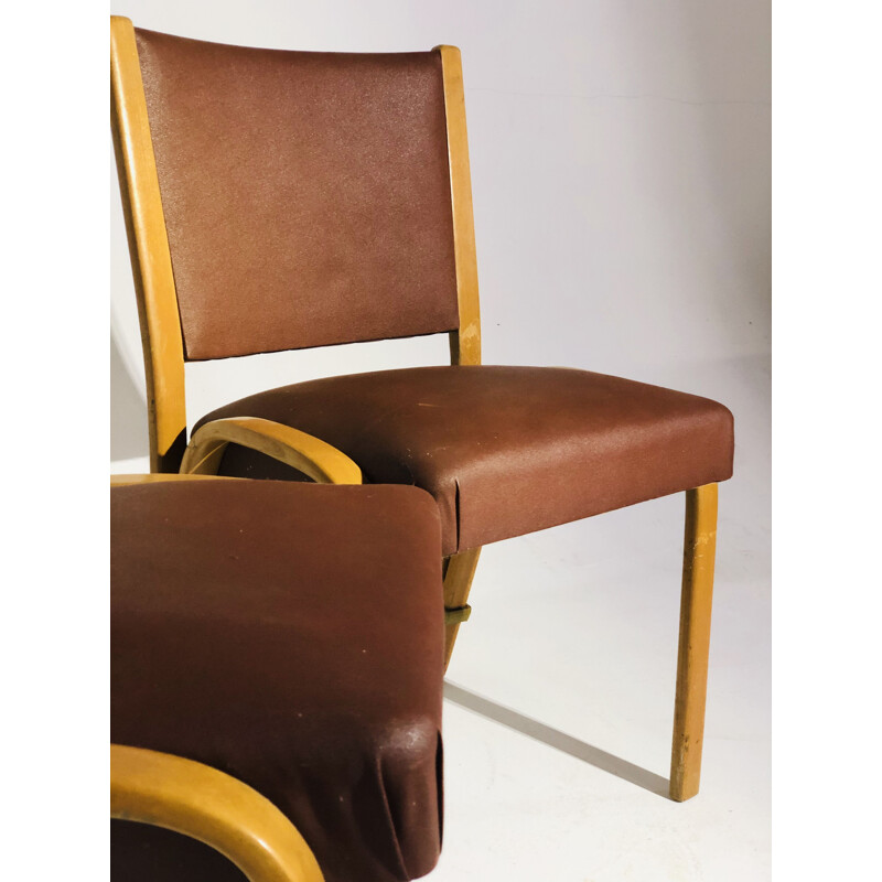 Pair of vintage Bow wood chairs by Steiner, in leatherette and wood 