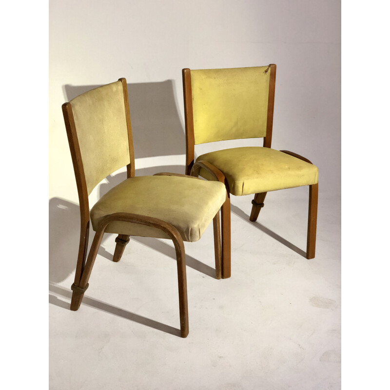 Pair of vintage Bow wood yellow leatherette chairs for Steiner