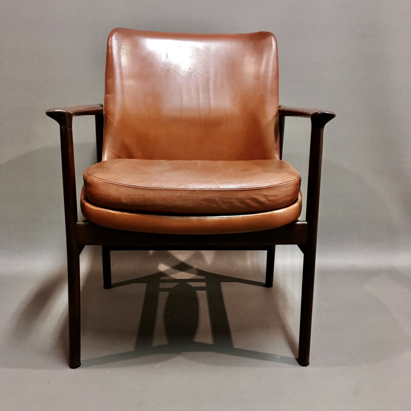 Vintage leather armchair Kofod Larsen scandinavian 1950