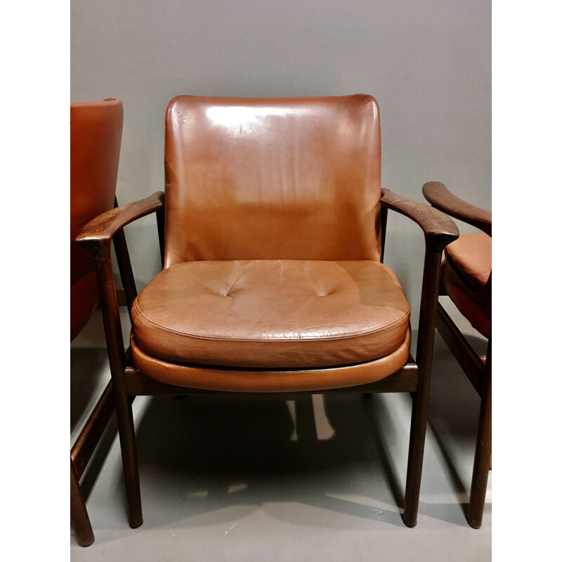 Vintage leather armchair Kofod Larsen scandinavian 1950