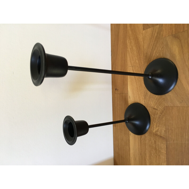 Pair of Vintage Candlesticks in Black Lacquered Brass