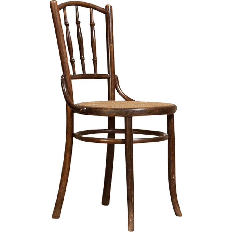 Vintage bistro chair in bent wood, turned and wickerwork seat 1950