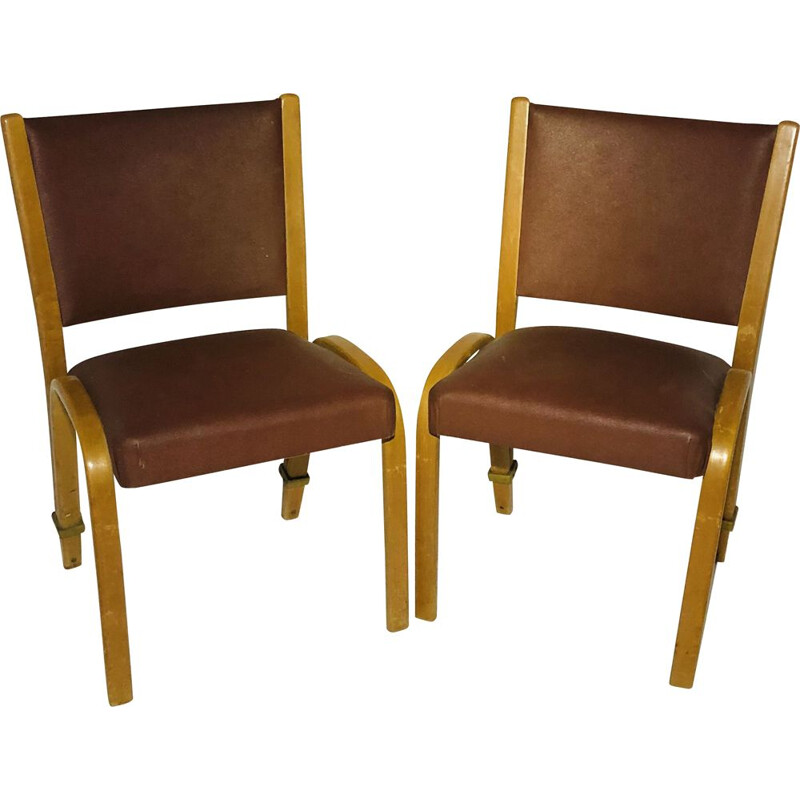 Pair of vintage Bow wood chairs by Steiner, in leatherette and wood 