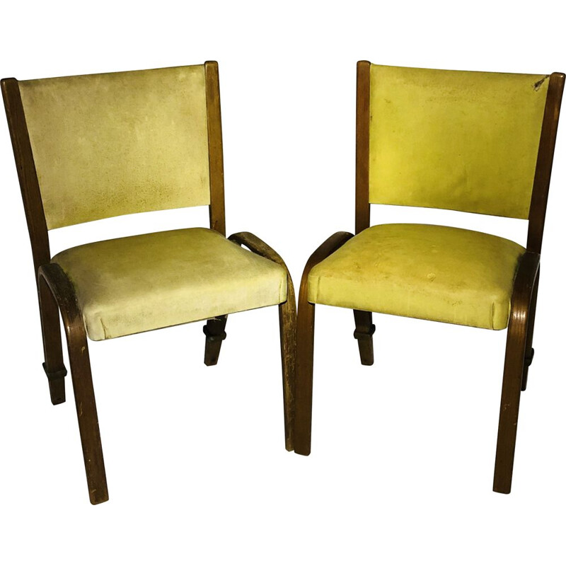 Pair of vintage Bow wood yellow leatherette chairs for Steiner