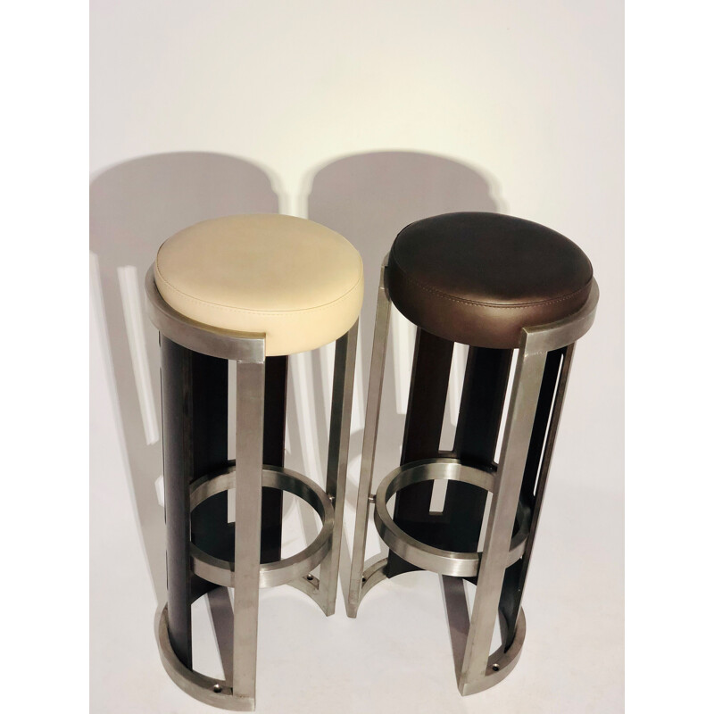 Pair of Vintage stools in wood and aluminium skai 1980 