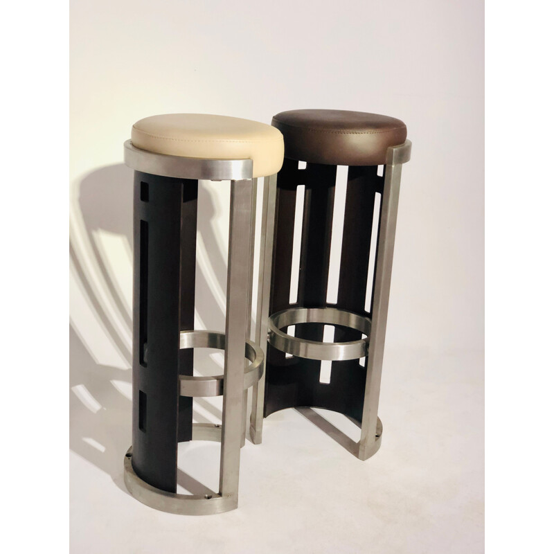 Pair of Vintage stools in wood and aluminium skai 1980 