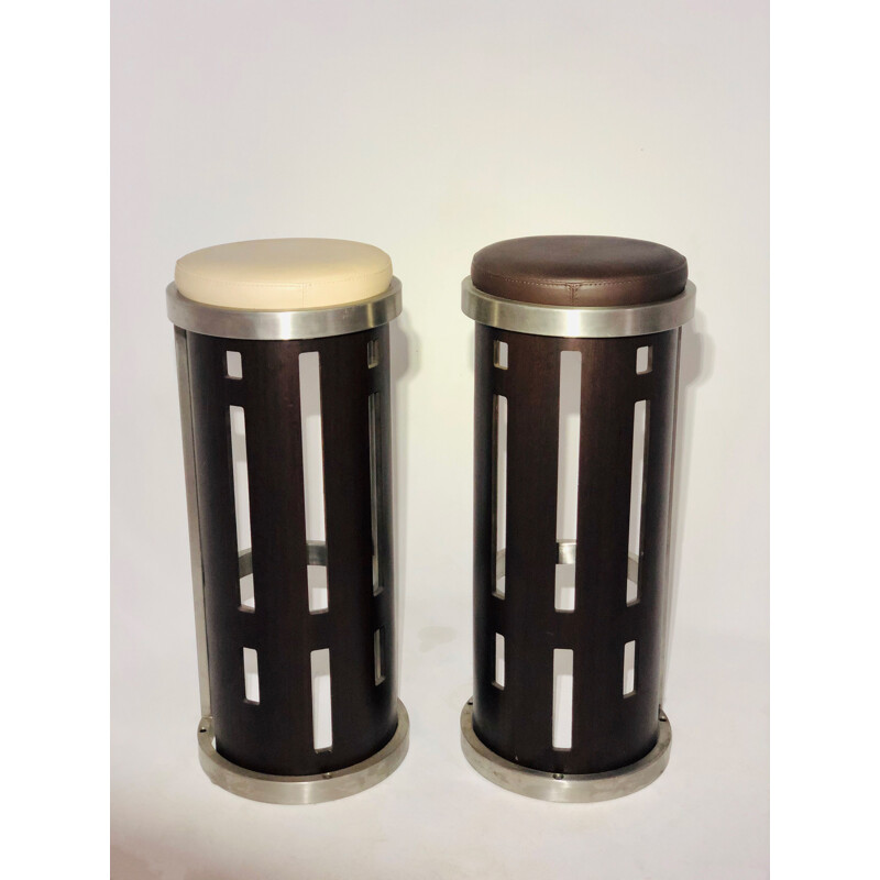 Pair of Vintage stools in wood and aluminium skai 1980 