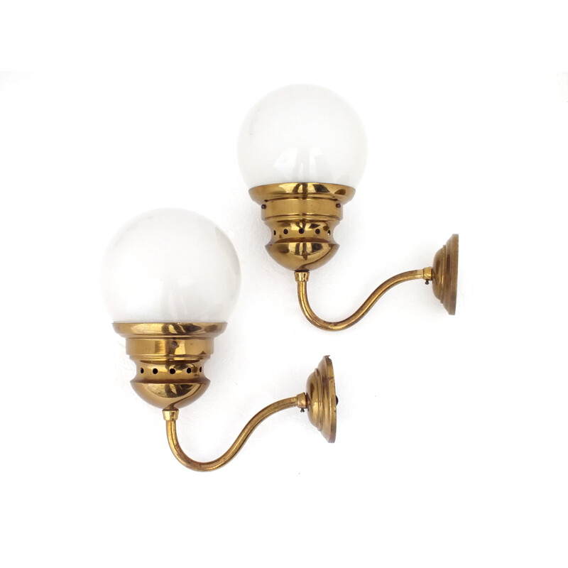 Pair of vintage brass sconces and glass globe "lp1 lampione", Italy 1954
