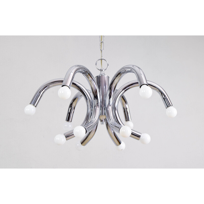 Mid Century Tubular Chrome Chandelier Angelo Brotto Style, Italy 1960s