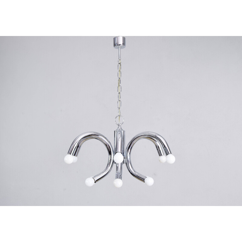 Mid Century Tubular Chrome Chandelier Angelo Brotto Style, Italy 1960s