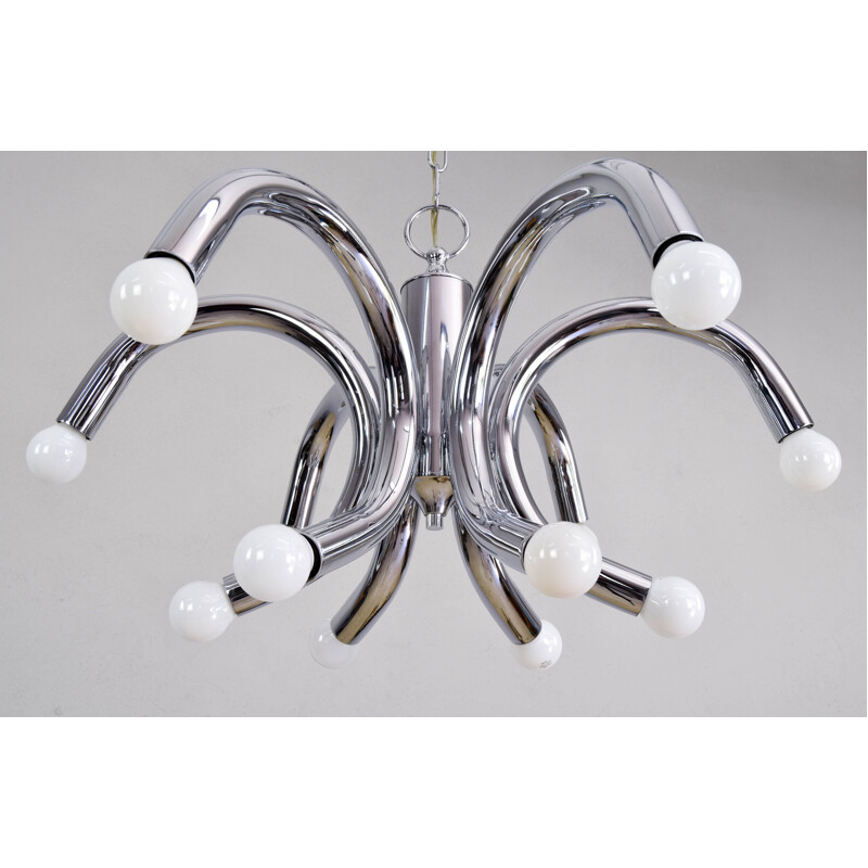 Mid Century Tubular Chrome Chandelier Angelo Brotto Style, Italy 1960s