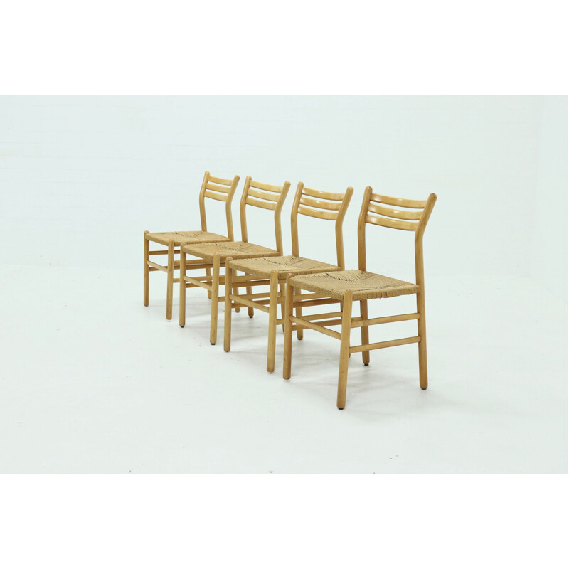 Set of 4 vintage Dining Chairs Rope and Beech  Italian 1960s