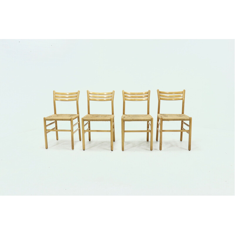 Ensemble de 4 chaises vintage en corde et hêtre italien 1960