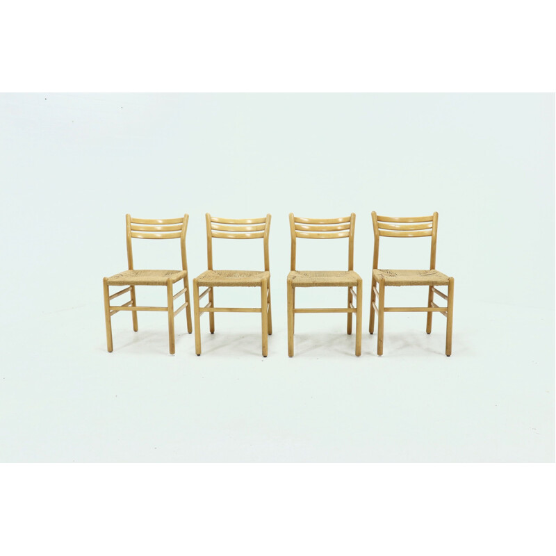 Set of 4 vintage Dining Chairs Rope and Beech  Italian 1960s