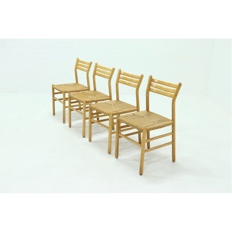 Set of 4 vintage Dining Chairs Rope and Beech  Italian 1960s