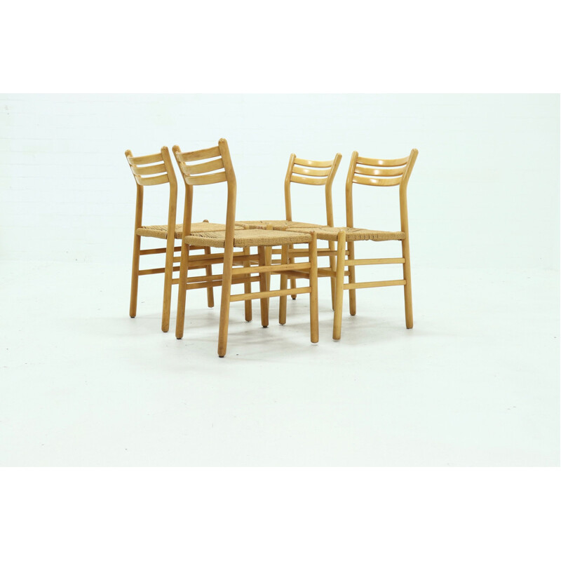 Set of 4 vintage Dining Chairs Rope and Beech  Italian 1960s