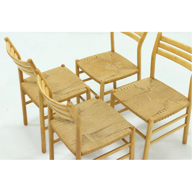 Set of 4 vintage Dining Chairs Rope and Beech  Italian 1960s