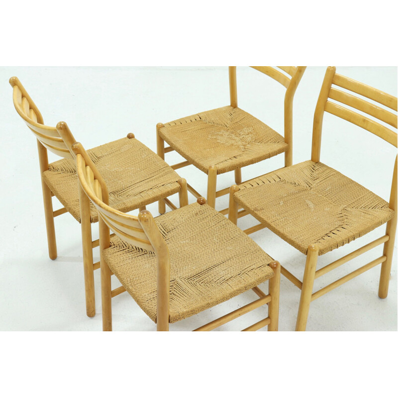 Conjunto de 4 cordas vintage e cadeiras de faia italianas 1960