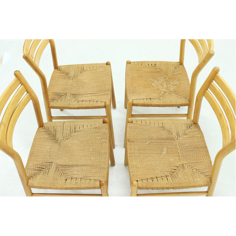 Set of 4 vintage Dining Chairs Rope and Beech  Italian 1960s