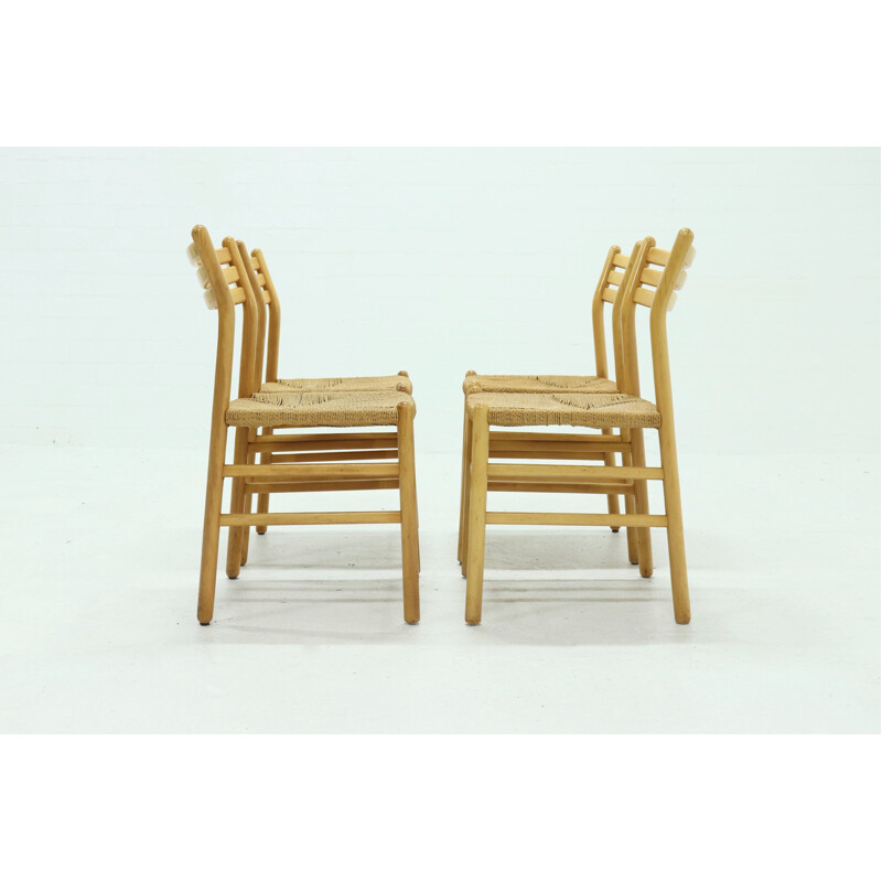 Set of 4 vintage Dining Chairs Rope and Beech  Italian 1960s