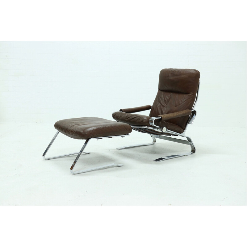 Mid Century Chrome and Leather Recliner Chair & Ottoman 1960s
