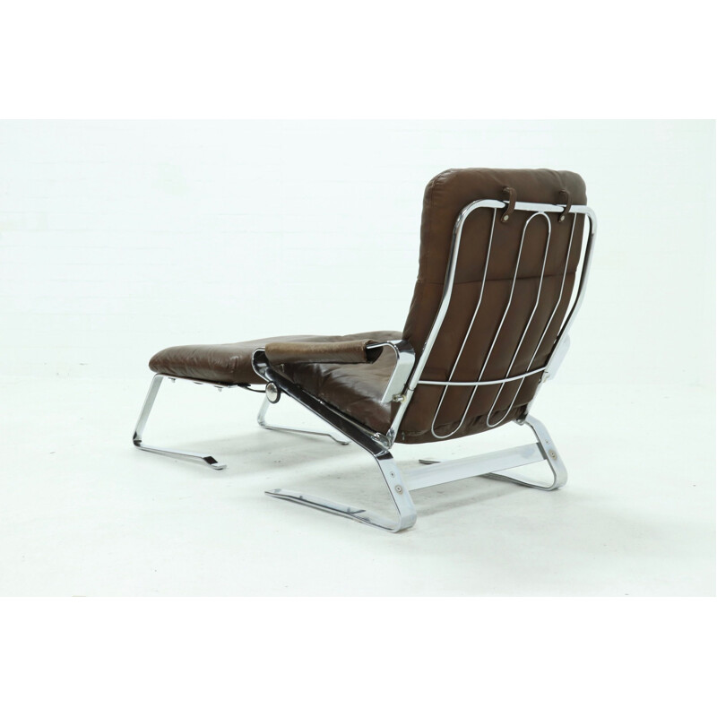 Mid Century Chrome and Leather Recliner Chair & Ottoman 1960s