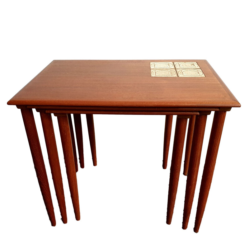 Vintage Teak Nesting Tables with Tiles Danish