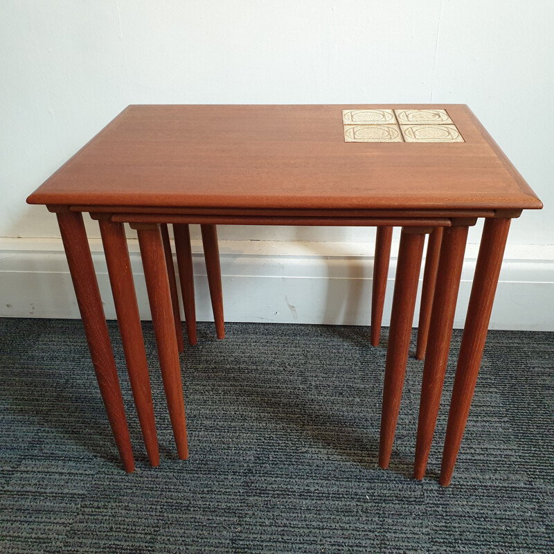 Vintage Teak Nesting Tables with Tiles Danish