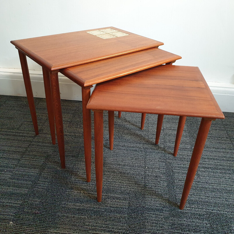 Vintage Teak Nesting Tables with Tiles Danish