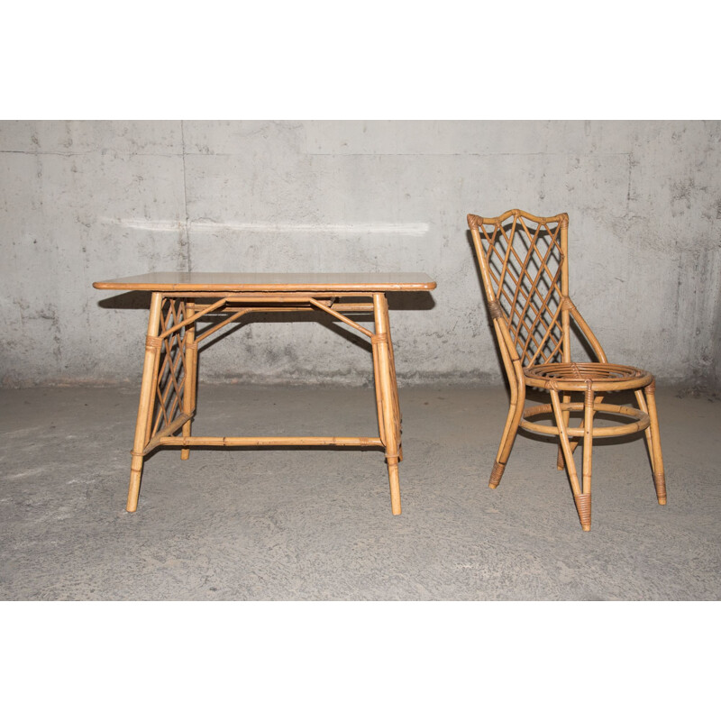 Bureau et chaise enfant vintage bambou & rotin 1960
