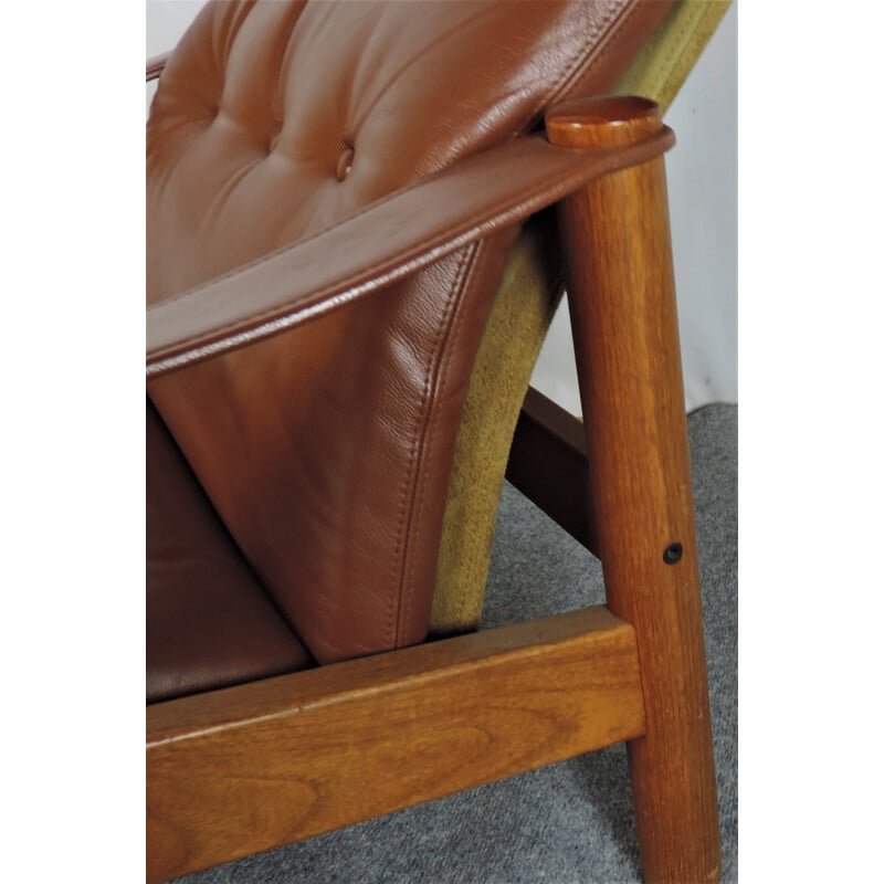 Fauteuil lounge vintage en cuir et teck avec ottoman danois 1960