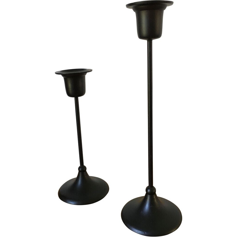 Pair of Vintage Candlesticks in Black Lacquered Brass