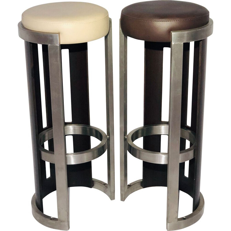 Pair of Vintage stools in wood and aluminium skai 1980 