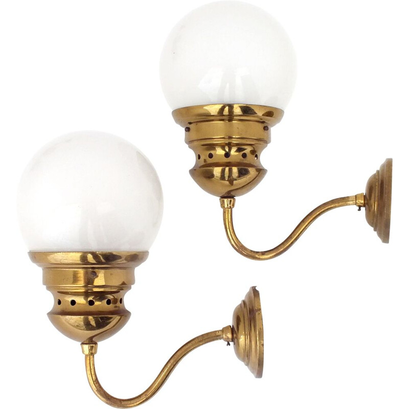Pair of vintage brass sconces and glass globe "lp1 lampione", Italy 1954