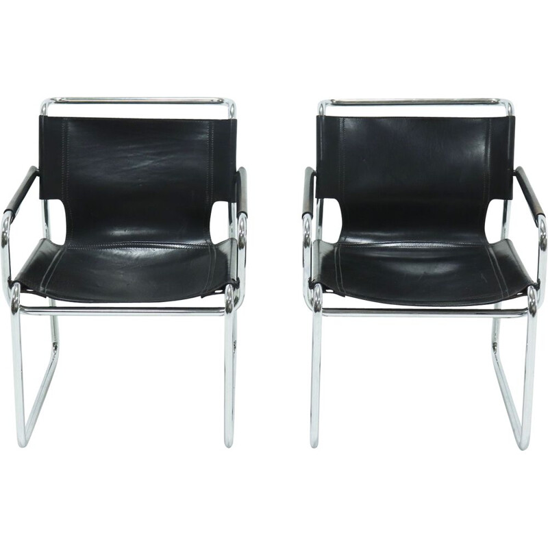 Paire de fauteuils Lounge  vintage en cuir et tubulaires 1960