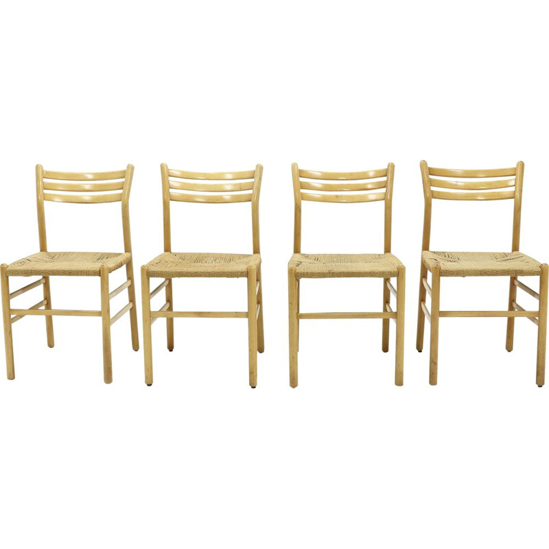 Ensemble de 4 chaises vintage en corde et hêtre italien 1960