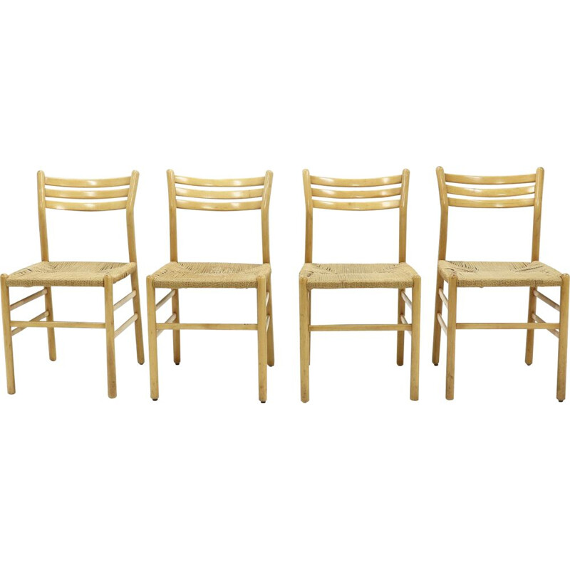 Set of 4 vintage Dining Chairs Rope and Beech  Italian 1960s